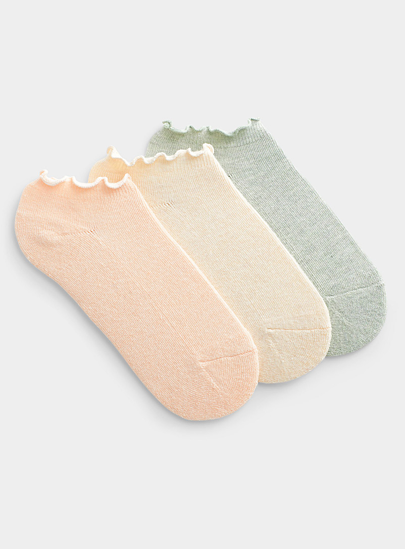 Lemon Green Ruffle-trim ped socks Set of 3 for women