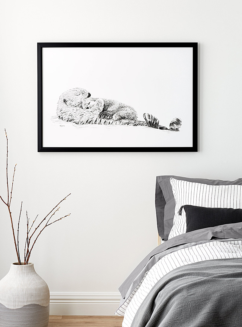 Le NID atelier Black and White Adorable Sea Otter swimming with her Cub art print See available sizes