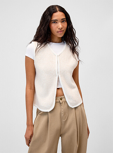 Twik Ivory/Cream Beige Striped open sweater vest for women