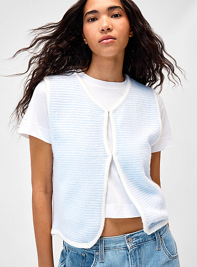 Twik Baby Blue Striped open sweater vest for women