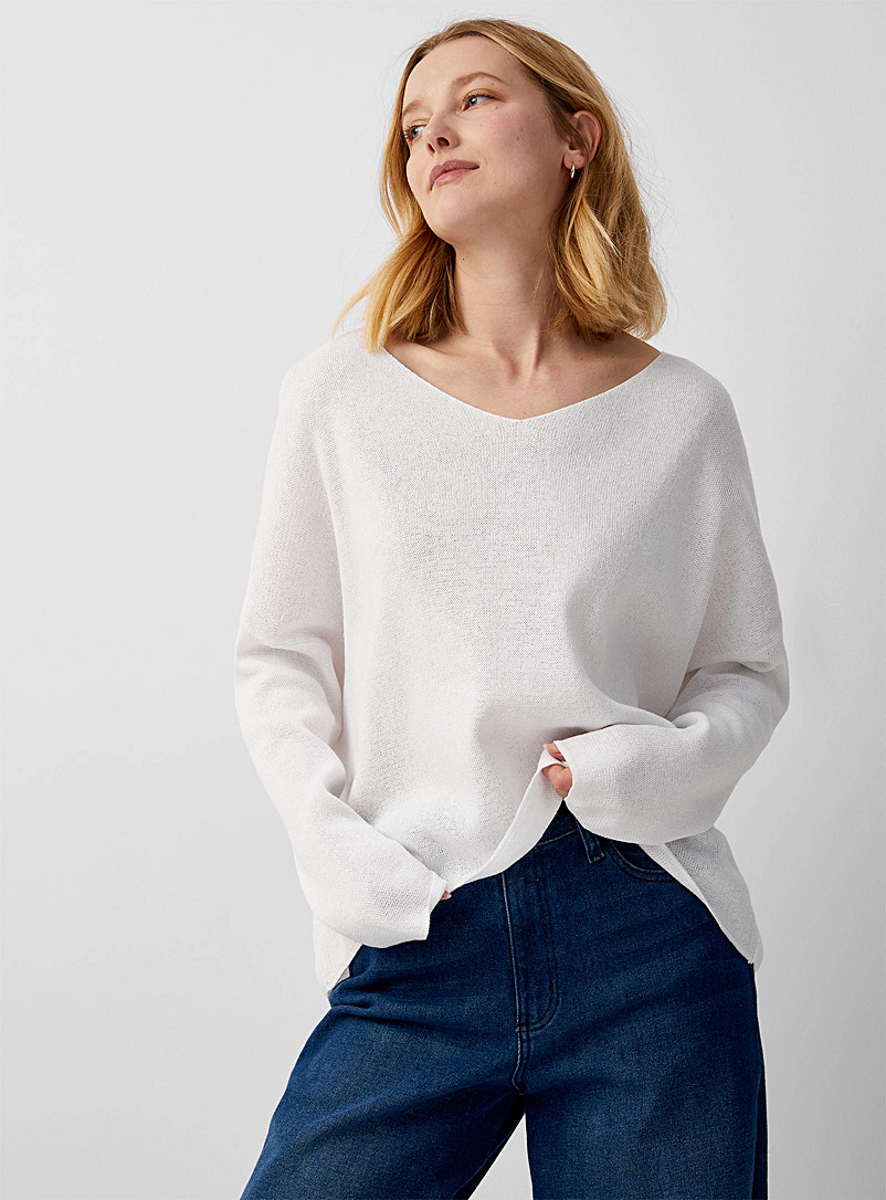 Contemporaine White Drop-shoulder cotton sweater for women
