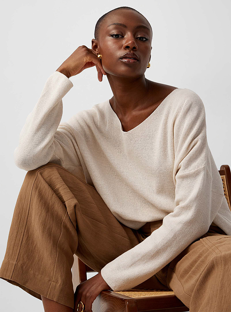 Contemporaine Cream Beige Drop-shoulder cotton sweater for women