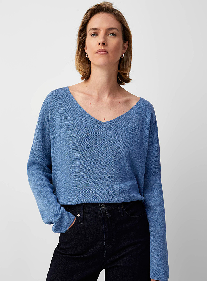 Contemporaine: Le chandail coton épaules tombantes Bleu moyen-ardoise pour femme