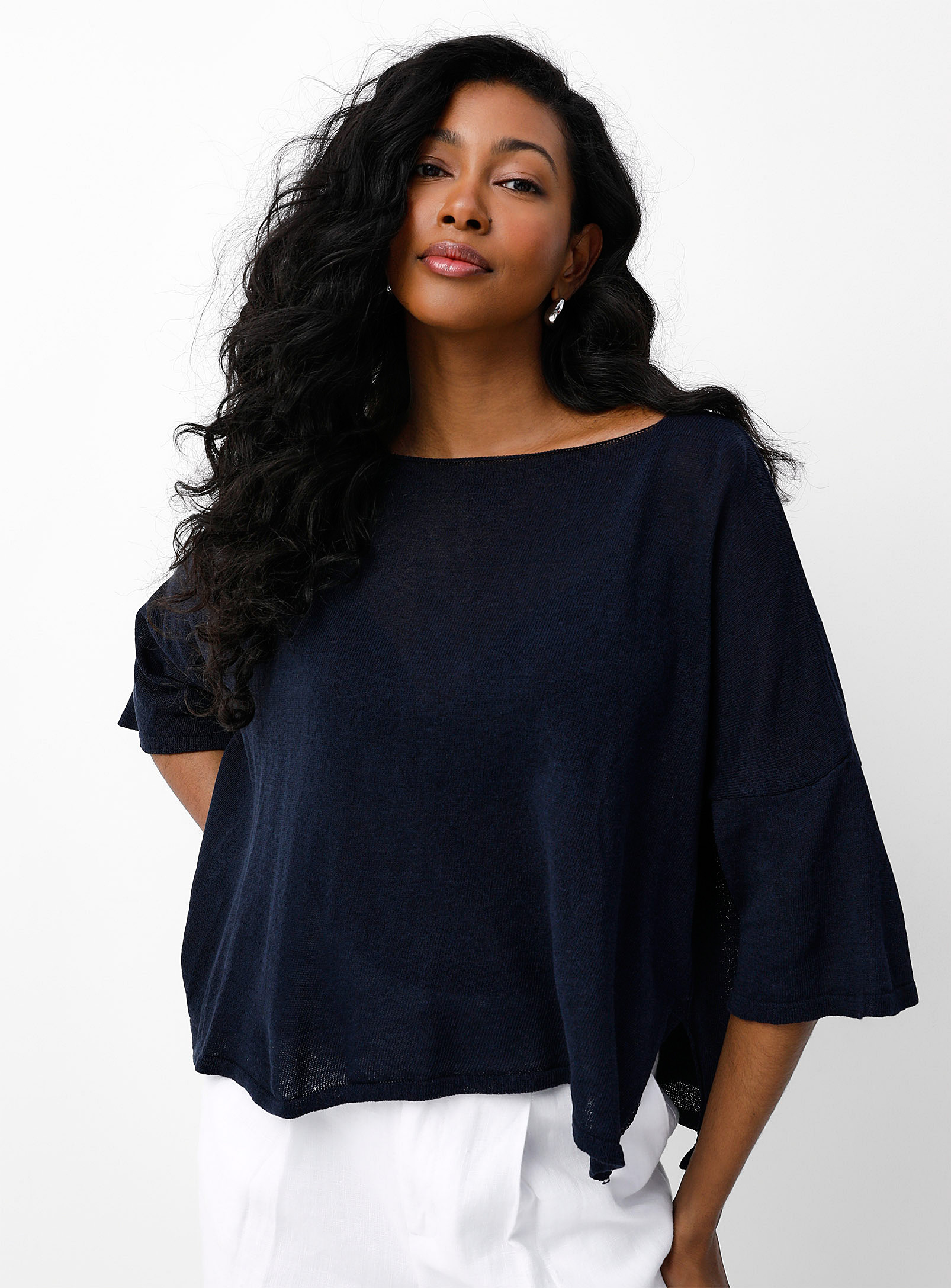 Contemporaine Boat-neck Loose Cotton Sweater In Navy/midnight Blue