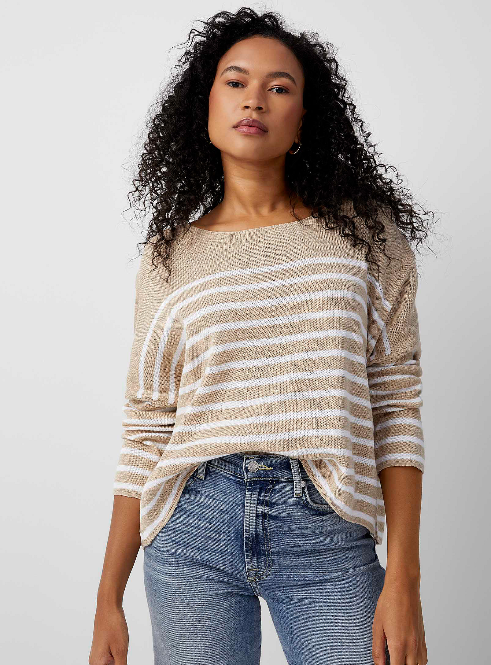 Contemporaine Striped Pure Cotton Loose Sweater In Neutral