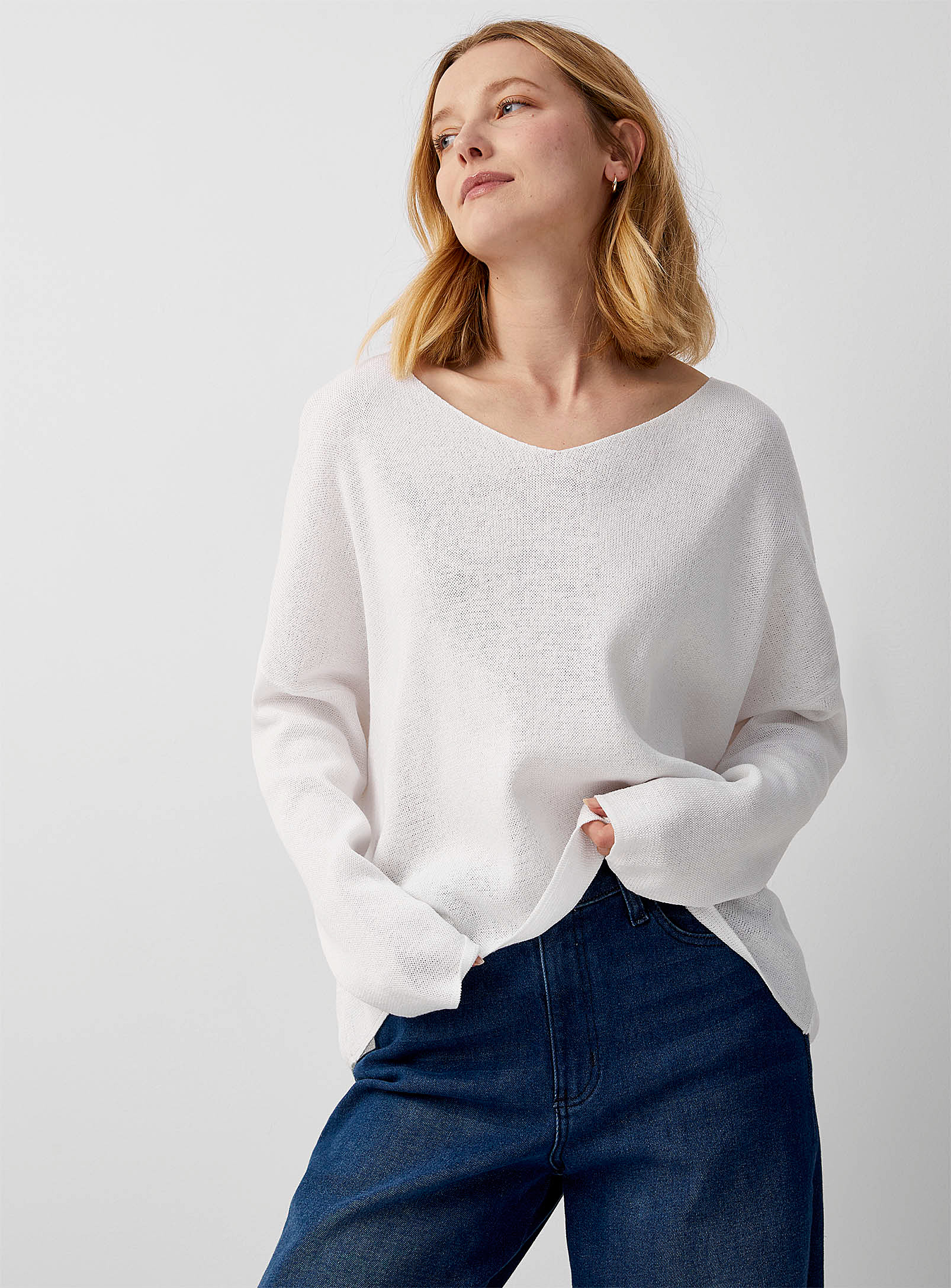 Contemporaine Drop-shoulder Cotton Sweater In White