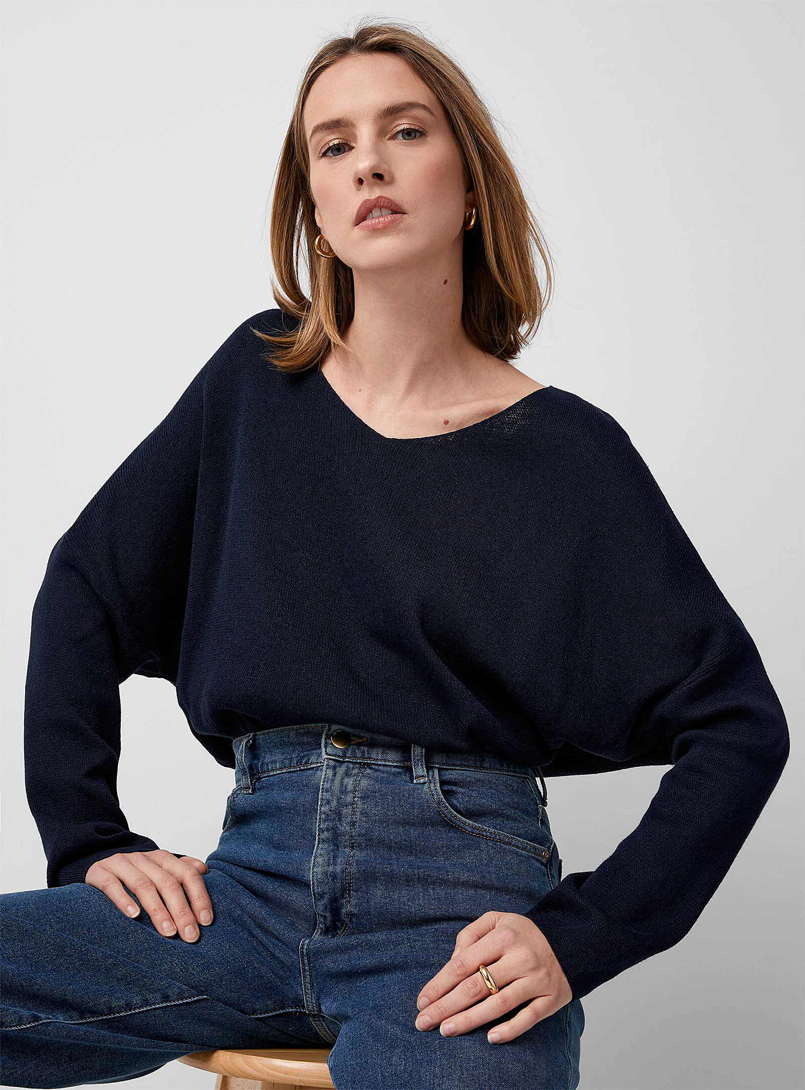 Contemporaine Drop-shoulder Cotton Sweater In Marine Blue