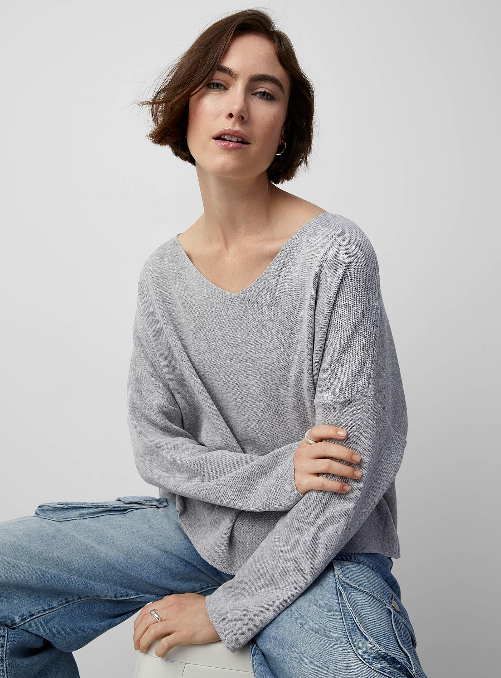 Contemporaine Drop-shoulder Cotton Sweater In Light Grey