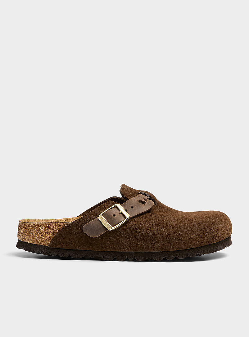 Birkenstock: La mule Boston su&egrave;de bride tress&eacute;e Femme Brun pour femme
