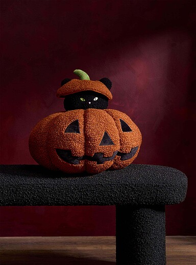 Simons Maison: Le coussin moutonn&eacute; chat et citrouille <b>Collection d'Halloween</b> Orange &agrave; motifs