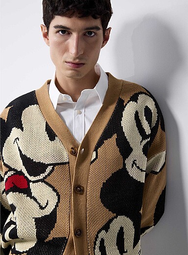 Le 31: Le cardigan jacquard Mickey Mouse <b>Importation de S&eacute;oul</b> Miel - Chameau pour homme