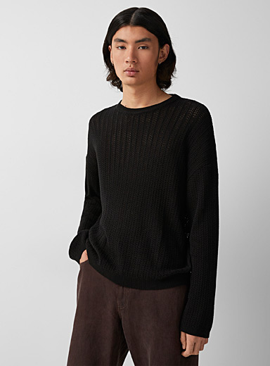Le 31 Black Openwork knit minimalist sweater for men