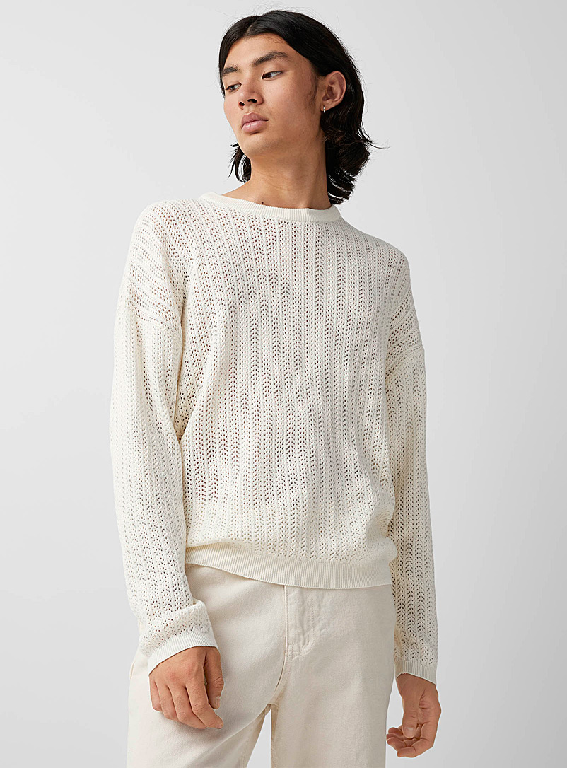 Le 31 Cream Beige Openwork knit minimalist sweater for men