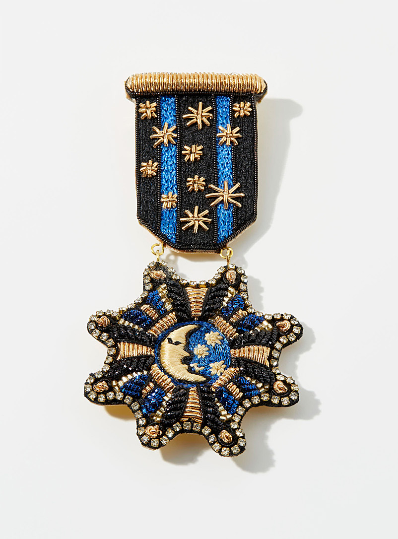 Céleste Mogador Patterned Blue Golden moon medal brooch for women