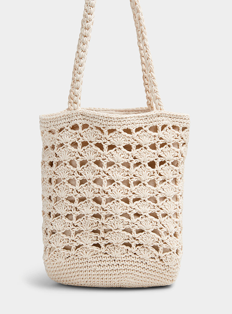 Simons Ivory White Small crocheted tote for women
