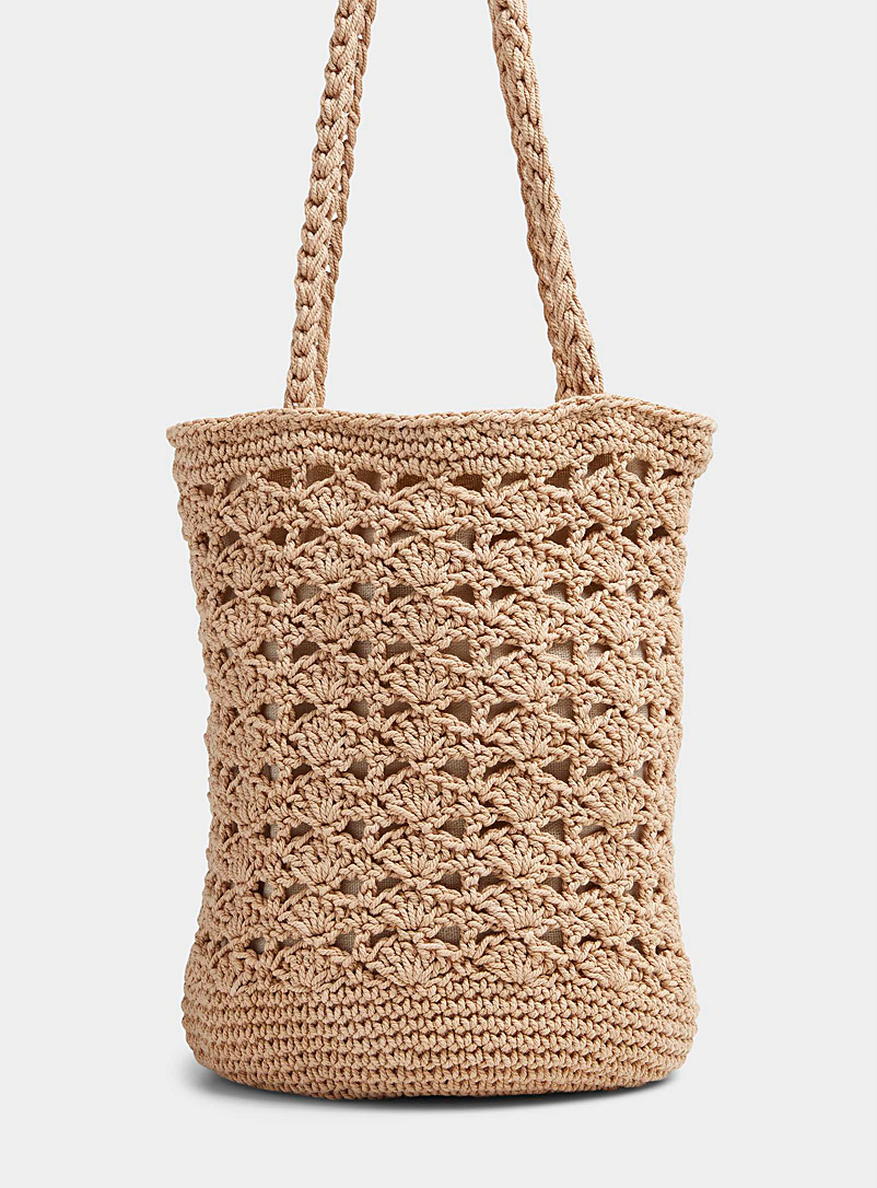 Simons Cream Beige Small crocheted tote for women