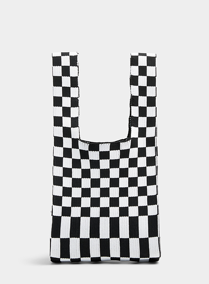 Simons Patterned Black Checkered knit bag for women