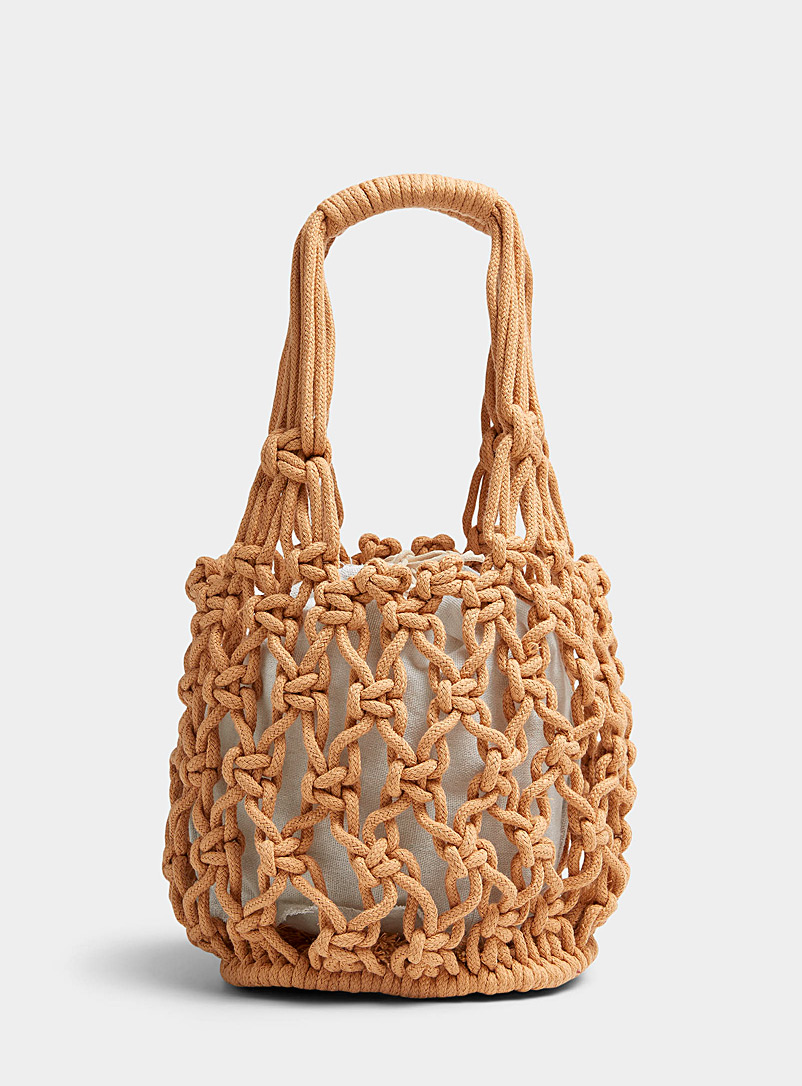 Simons Cream Beige Crochet basket bag for women