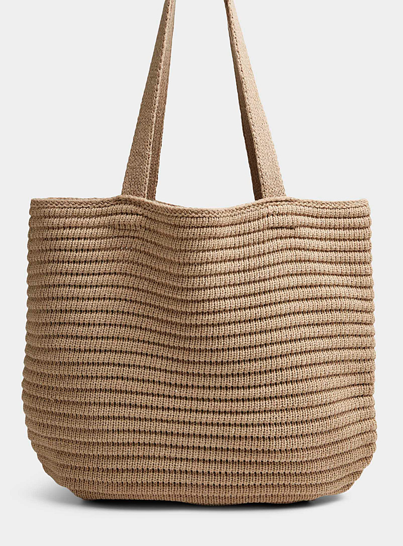 Simons Cream Beige Knited striped tote for women