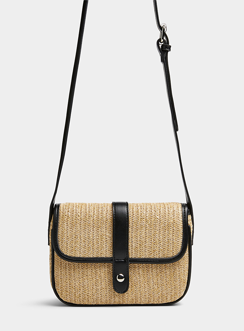 Simons Patterned Black Braided straw flap shoulder bag for women