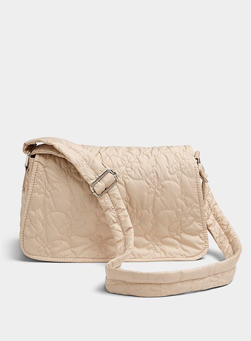 Simons Cream Beige Topstitched floral flap bag for women