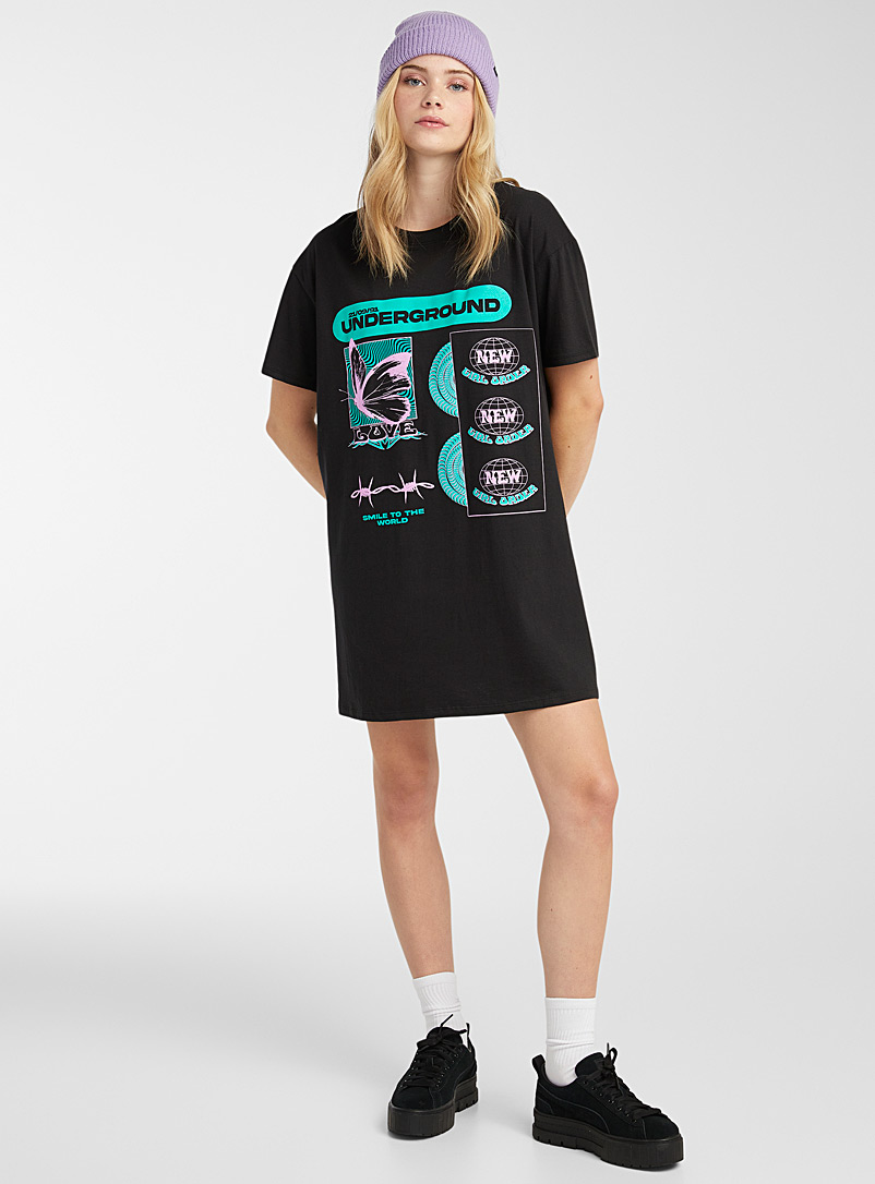 New Girl Order Patterned Black '90s graphic print T-shirt dress for women