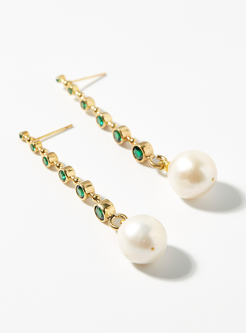 Shashi White Long pearl and emerald earrings for women