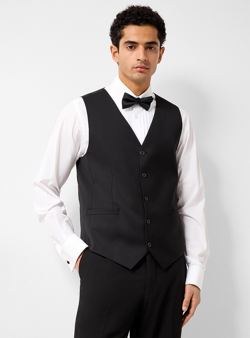 Le 31: Le gilet smoking extensible Tissu de laine sign&eacute; Marzotto <b>Coupe Stockholm - Ajust&eacute;e</b> Noir pour homme