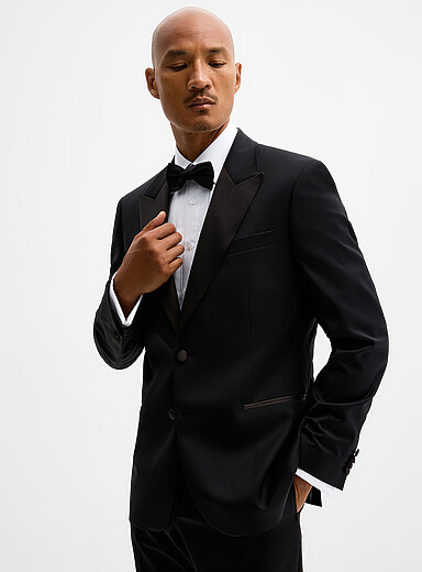 Le veston smoking col satin&eacute; Tissu de laine sign&eacute; Marzotto <b>Coupe London - Semi-ajust&eacute;e</b>