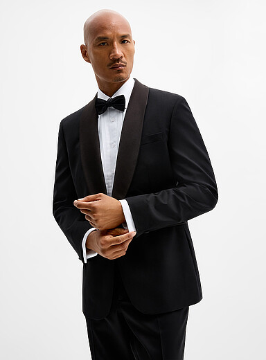 Le 31: Le veston smoking noir Tissu de laine sign&eacute; Marzotto <b>Coupe London - Semi-ajust&eacute;e</b> Noir pour homme