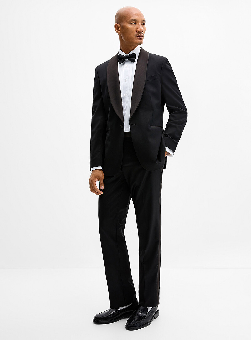 Le 31: Le veston smoking noir Tissu de laine sign&eacute; Marzotto <b>Coupe London - Semi-ajust&eacute;e</b> Noir pour homme