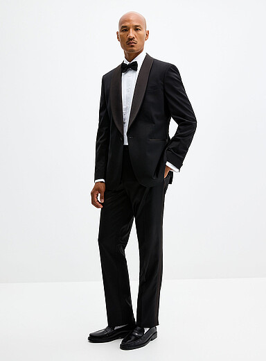 Le 31: Le pantalon smoking bande satin&eacute;e Tissu de laine sign&eacute; Marzotto <b>Coupe London - Droite &eacute;troite</b> Noir pour homme