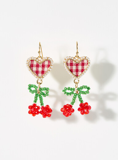 Gingham heart and cherry earrings
