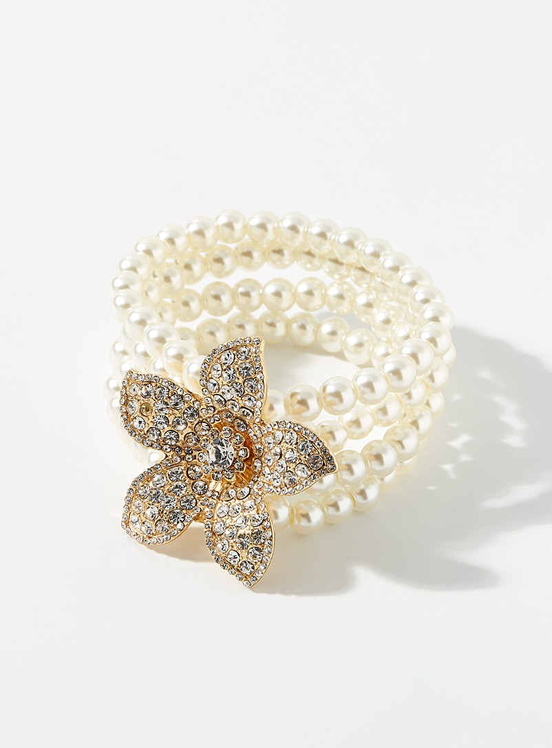 Simons: Le bracelet de perles multirang fleur XL Blanc pour femme