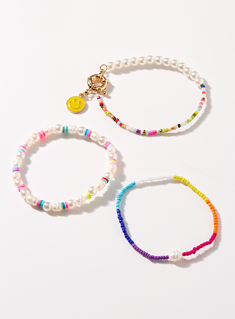 Simons: Les bracelets perlés bonhomme sourire Ensemble de 3 Jaune à motifs pour femme