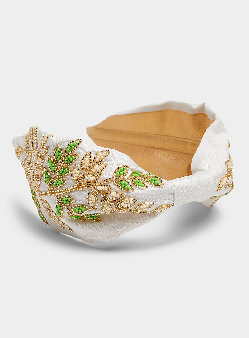 Simons Patterned Ecru Shimmery foliage cream headband for women