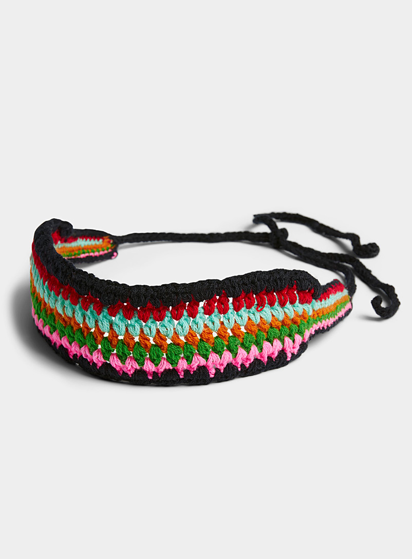 Simons Patterned black Multicolour crochet headband for women