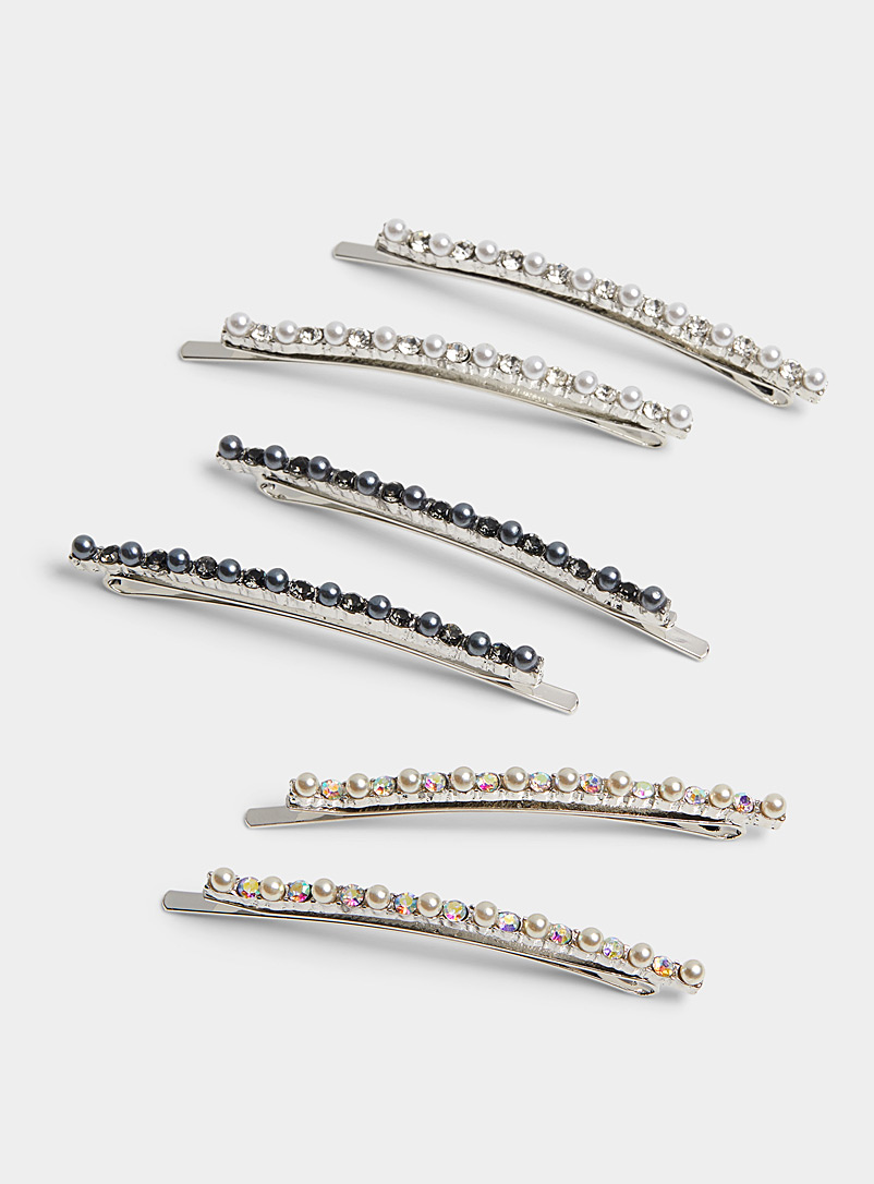 Crystal And Pearl Barrettes Set Of 6