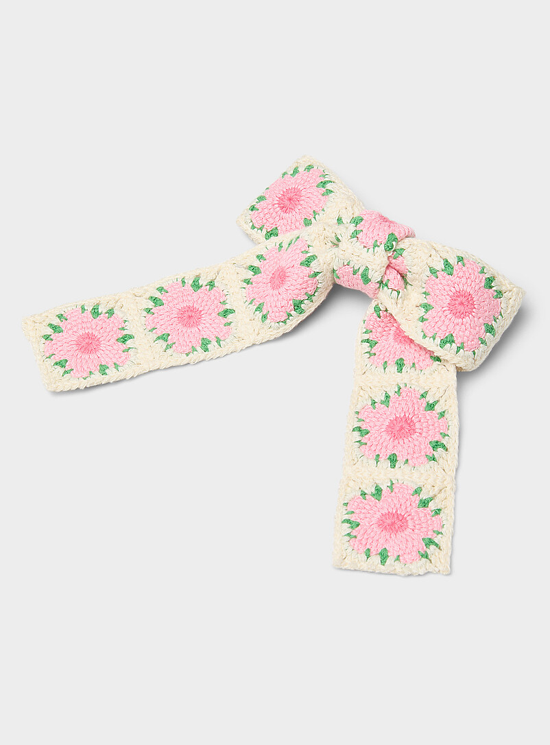 Large pink floral crochet bow barrette product image (primary)