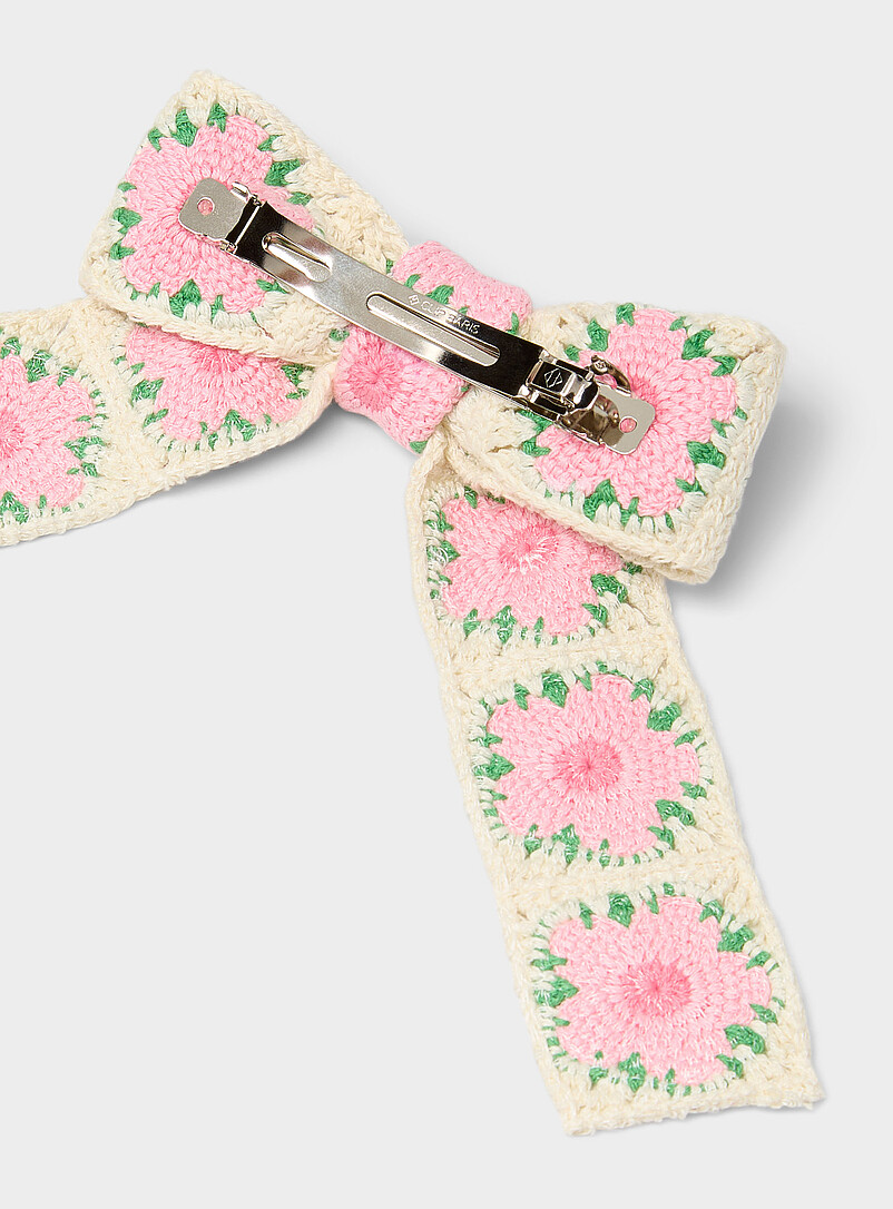 Large pink floral crochet bow barrette product image 2