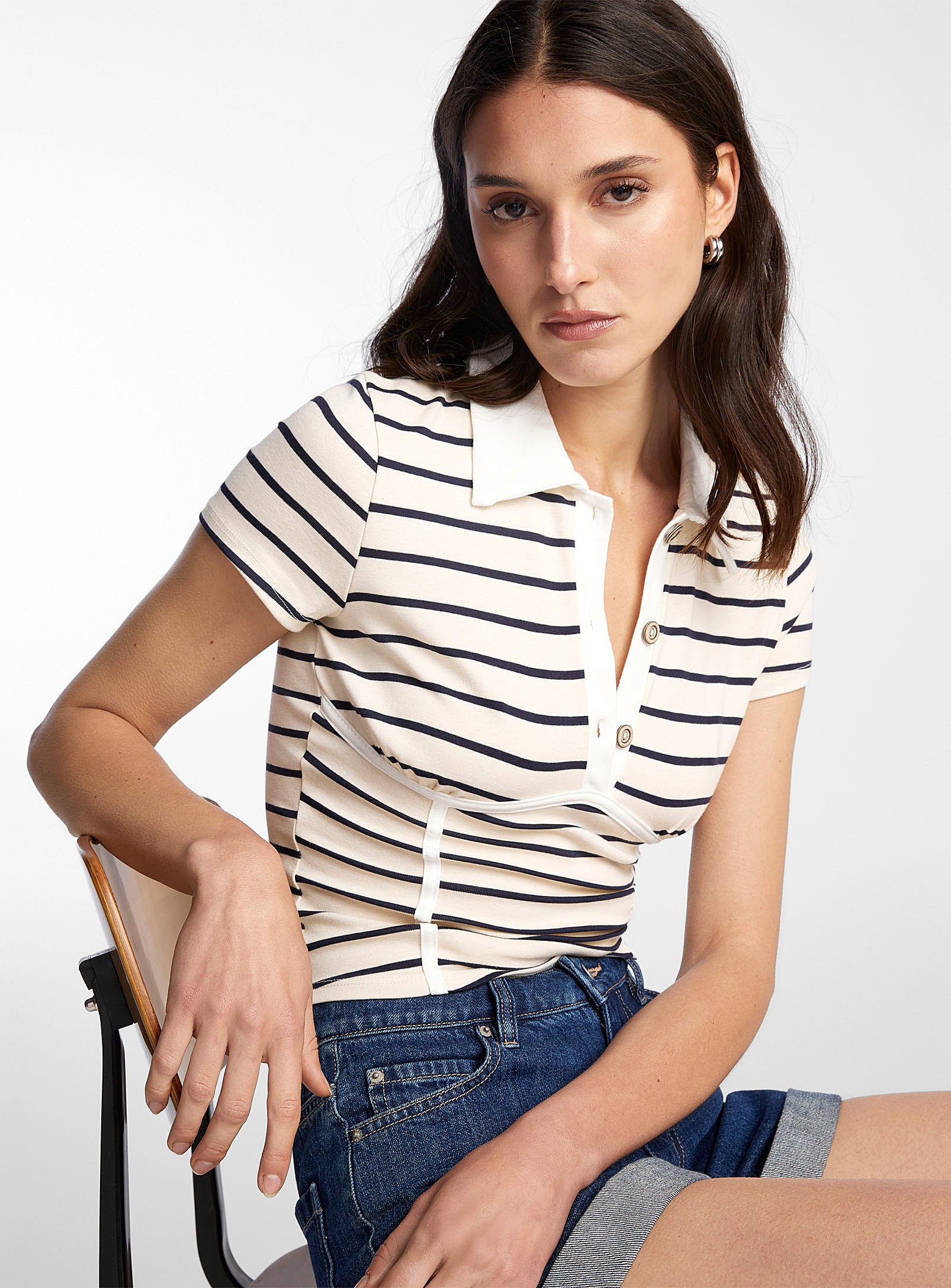 Icone Ruched Bust Sailor Stripes Polo In Patterned Blue