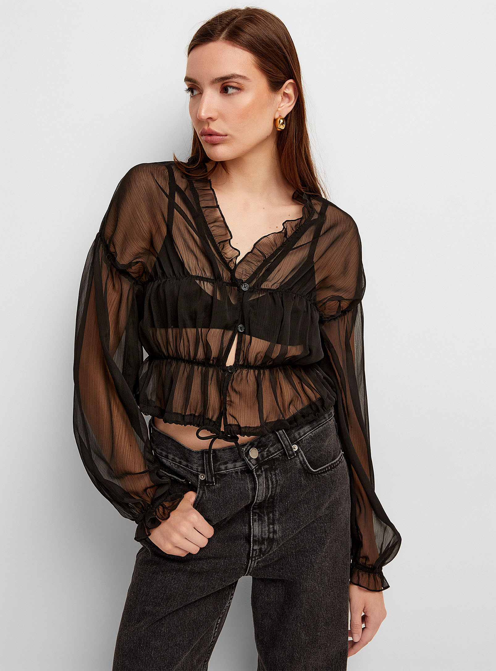 Icône - Women's Ruffled V-neck sheer chiffon blouse
