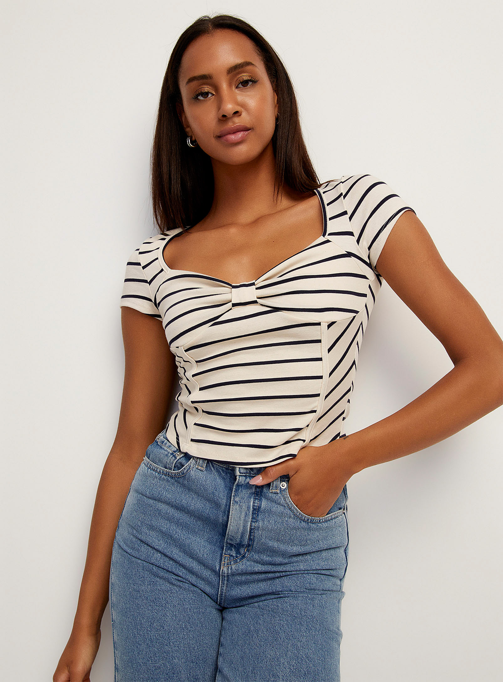 Icone Bow Effect Sailor Stripes Cropped T-shirt In Patterned Blue