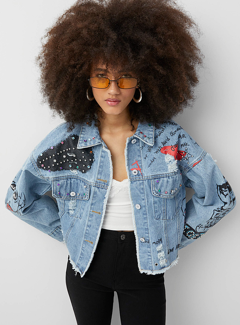 Twik Patterned Blue Drawings and crystals denim jacket for women