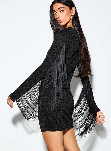 Saints & Hearts Black Fringed stretch shimmering black mini-dress for women