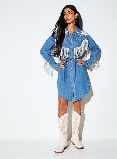 Saints & Hearts Slate Blue Western fringe lightweight denim shirtdress for women