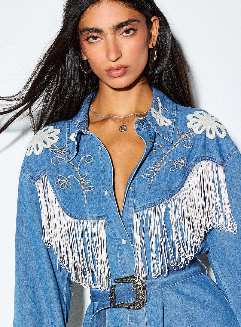 Saints & Hearts Slate Blue Western fringe lightweight denim shirtdress for women