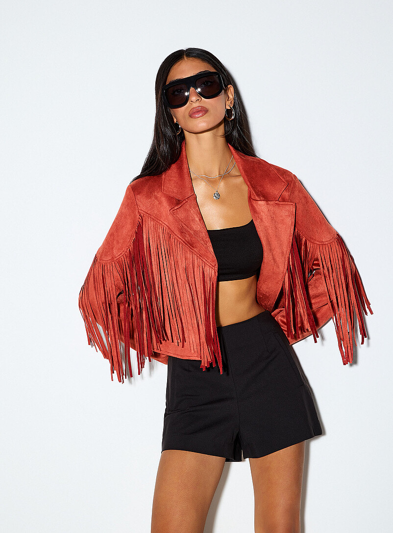 Fringed Burnt Orange Faux-Suede Cowboy Jacket