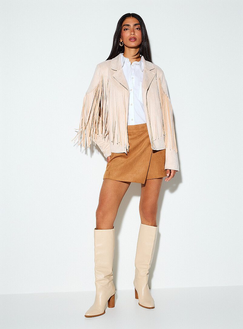 Fringed Ivory Faux-Suede Cowboy Jacket