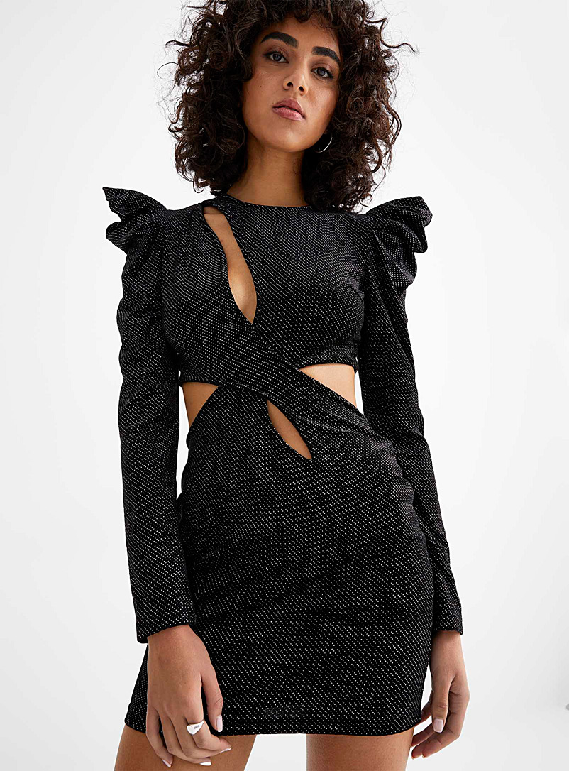 Icône: La robe asymétrique velours scintillant Noir pour femme